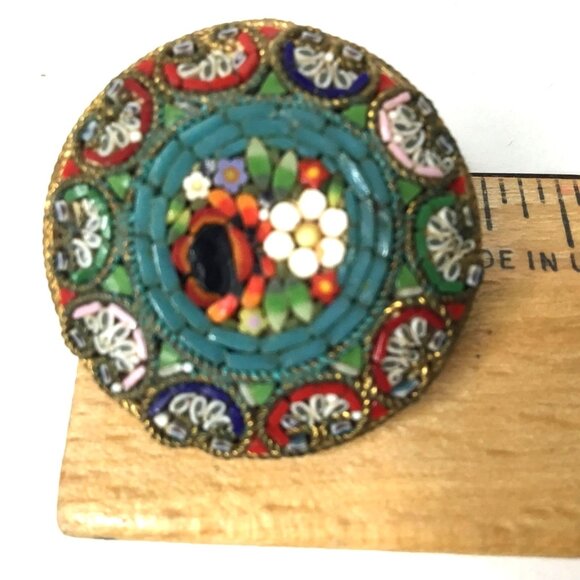 Vintage Italian Micro Mosaic Brooch Floral Round Millefiori Pin Italy Gold-Tone - Picture 4 of 10